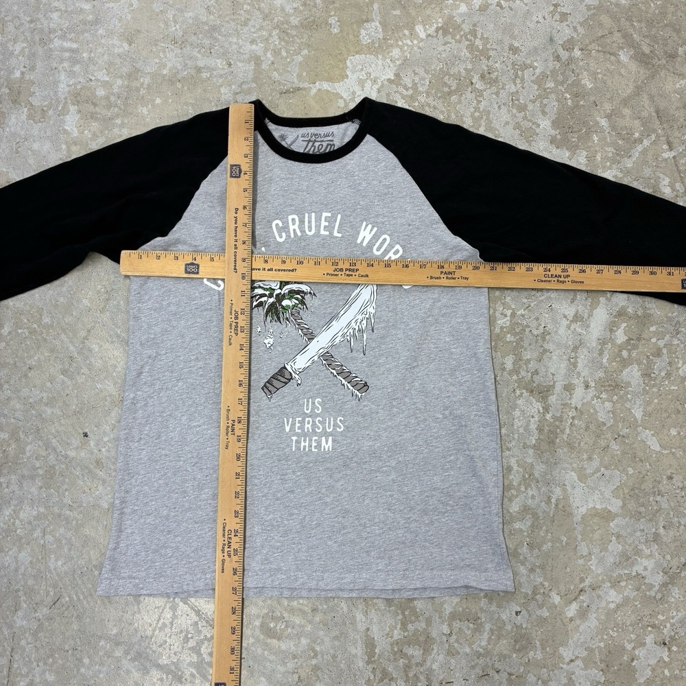 Us Versus Them Cold Cruel World Raglan Shirt Mens Large Gray Black Baseball Tee - Picture 8 of 10